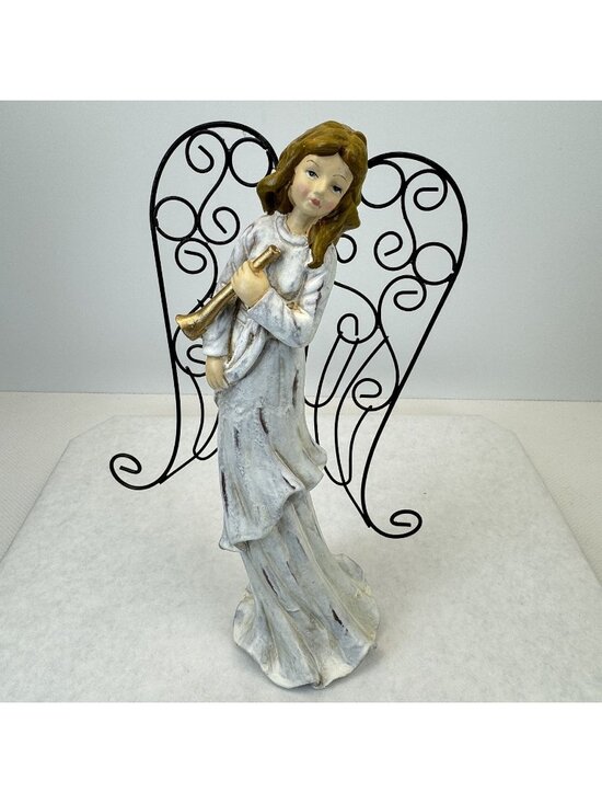 Unbranded Other - Vintage Rustic White Christmas Angel Figurine With Metal Wings Gold Trumpet 11"